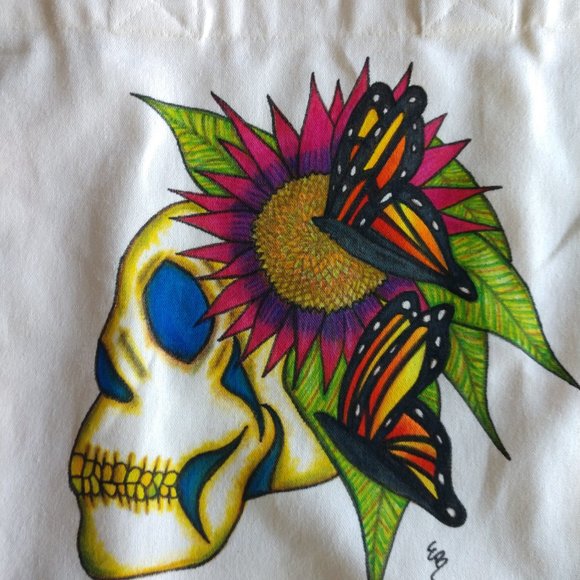 Hand-Painted Skull Tote Bag: Sunflower & Butterfly Art 14x13x7 - Picture 6 of 16